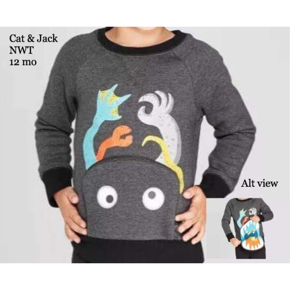 Toddler Halloween Monster Crewneck Sweatshirt Size 12 mo‎ Gray Candy Zip Pocket